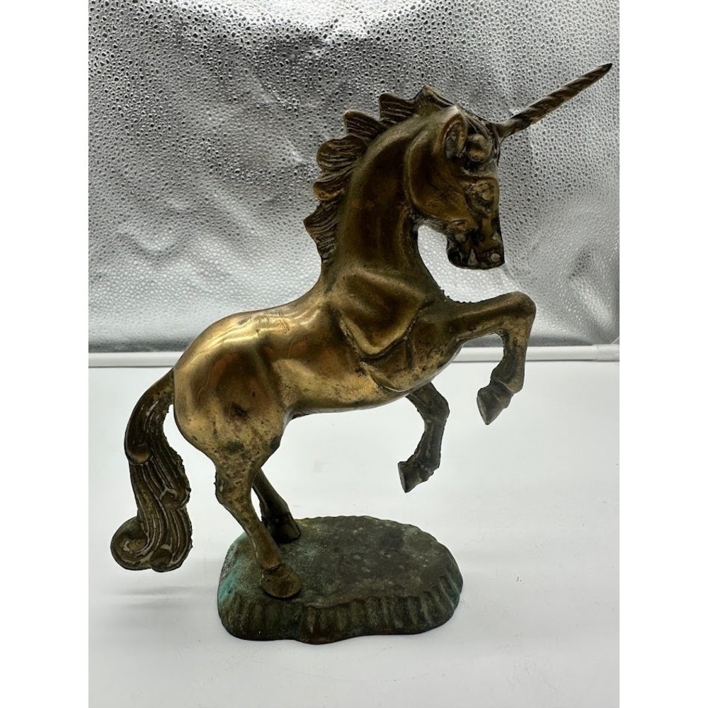 Vintage Bronze Unicorn Figurine Rearing Mythical Statue Antique Patina 7 Inch